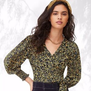 NWT Anthropologie Black and Yellow Yasmin Floral Nari Wrap Top Size 8